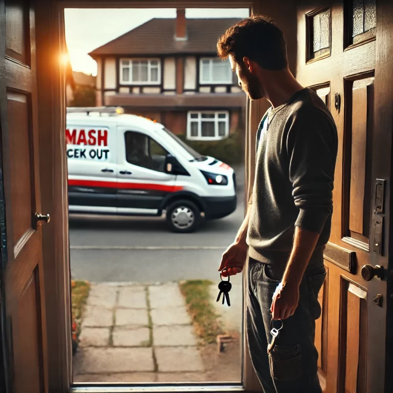 Person locked out of a house, standing outside a locked door with keys inside, while a locksmith van approaches in a suburban neighborhood.