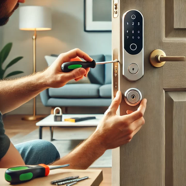 "A close-up of a professional locksmith installing a high-tech, digital smart lock on a modern door. The locksmith is using precision tools like a screwdriver and a drill to carefully secure the lock into place. The digital keypad on the lock is prominently displayed, with the smart lock’s sleek, metallic design reflecting light. Nearby, a set of keys, traditional locks, and a key-cutting machine can be seen on a small workbench. The background includes a professional tool kit, reinforcing the expertise of the locksmith, with the focus on security and technology." This description includes elements that align with common locksmith-related themes like smart locks, digital keypads, tools, and professional service.